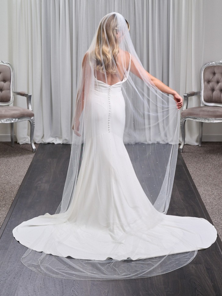 Lovington Long Ivory Single Tier Scattered Diamante Veil with Corded Edge