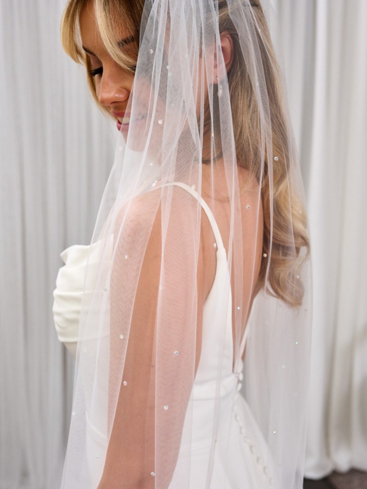 Lovington Long Ivory Single Tier Scattered Diamante Veil with Corded Edge