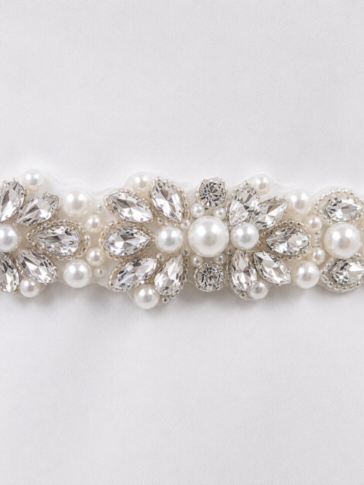 Perfect Bridal Elegant Ivory Satin, Crystal & Pearl Bridal Belt