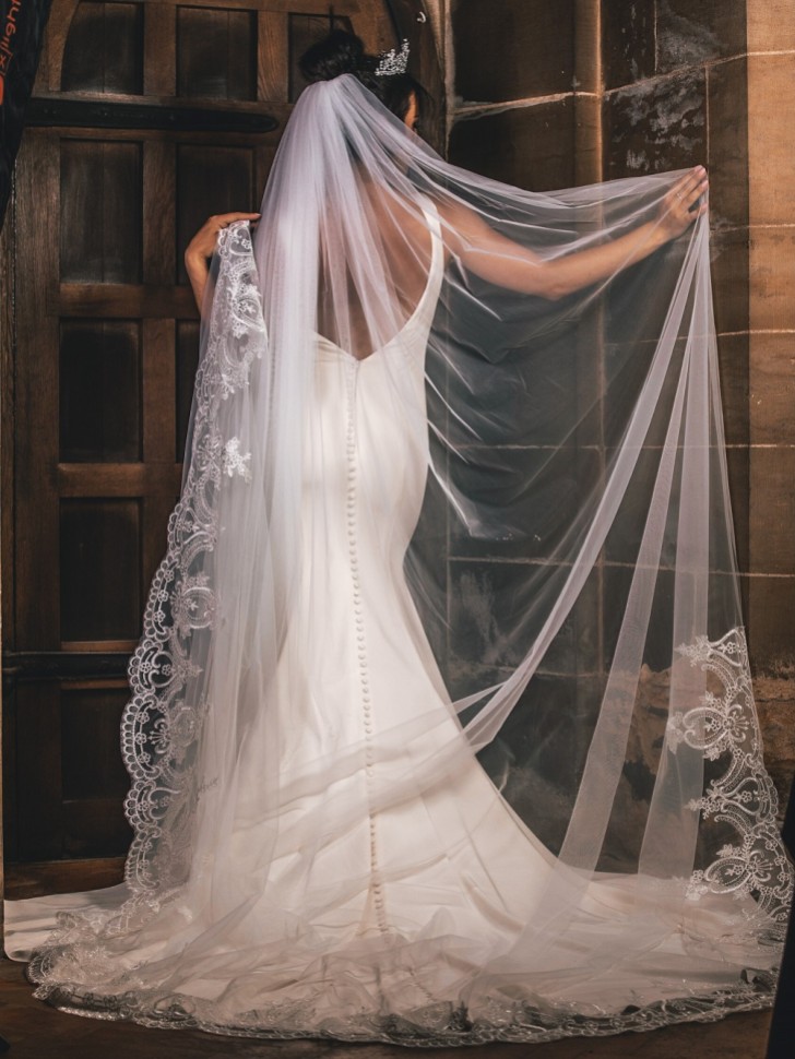 Perfect Bridal Ivory Long Single Tier Veil with Lace Train