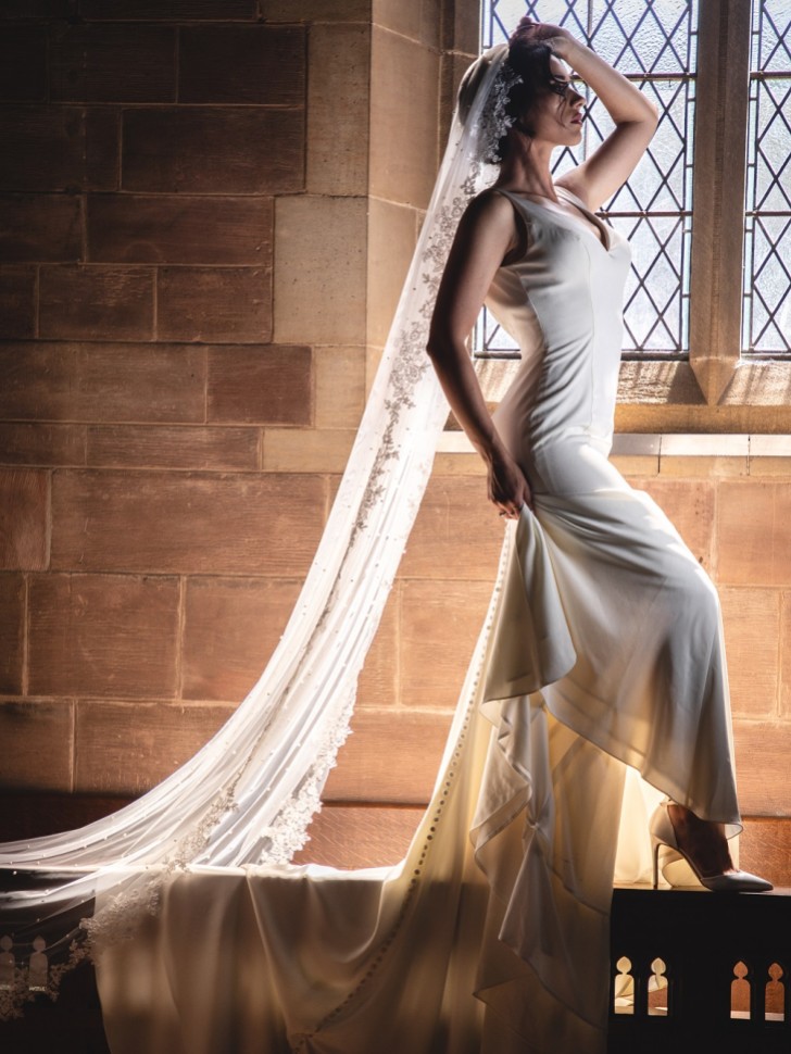 Perfect Bridal Ivory Single Tier Pearl Cathedral Veil with Floral Lace Edge