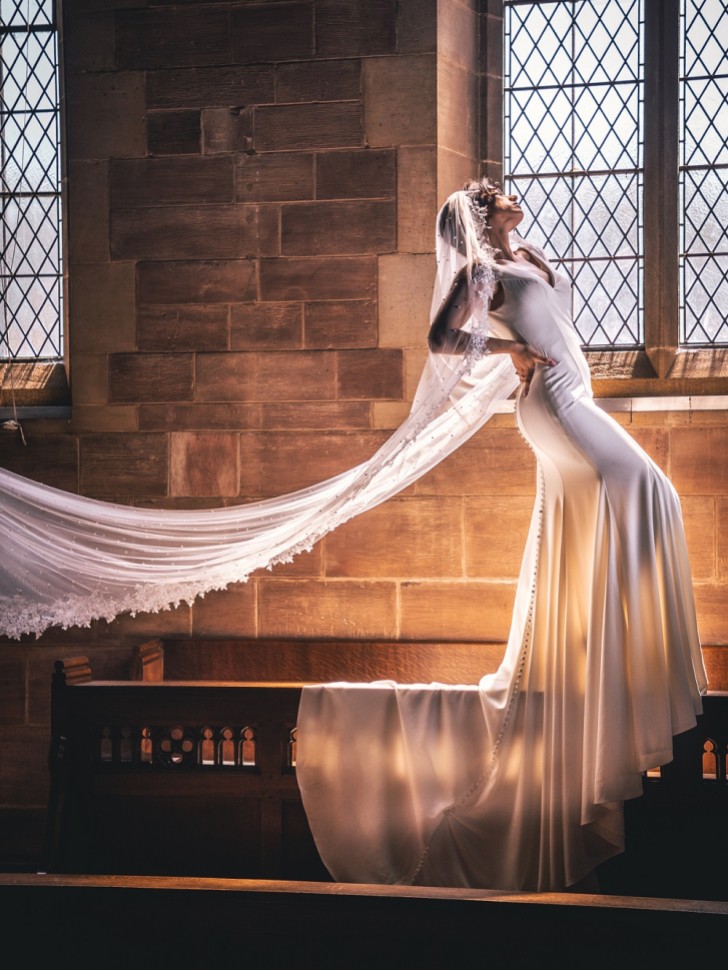 Perfect Bridal Ivory Single Tier Pearl Cathedral Veil with Floral Lace Edge