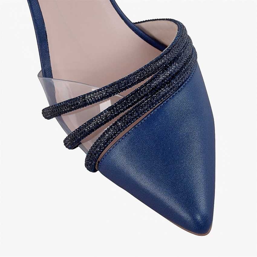 Spot On Sandali Piatti In Pelle Donna Con Cinturino Alla Caviglia - Blu, Taglia 37, Tomaia In Pelle