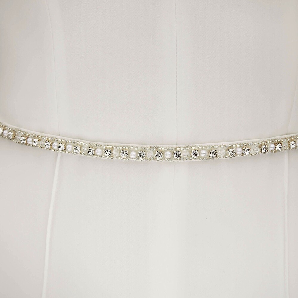 Bianco Narrow Pearl Embellished Satin Bridal Dress Belt display picture 1