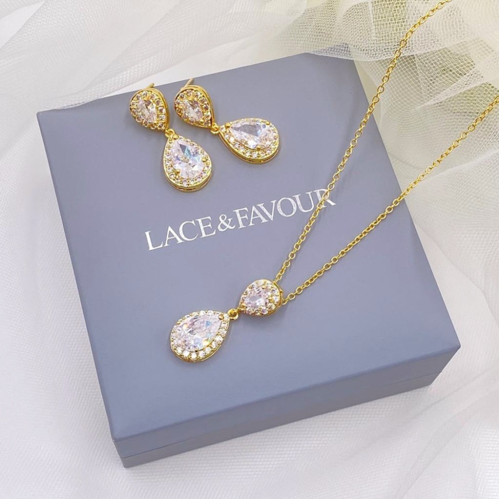 Set Gioielli Sposa Oro Con Collana E Orecchini In Cristallo E Strass - Elegante, Rame - Accessorio Per Matrimonio E Feste