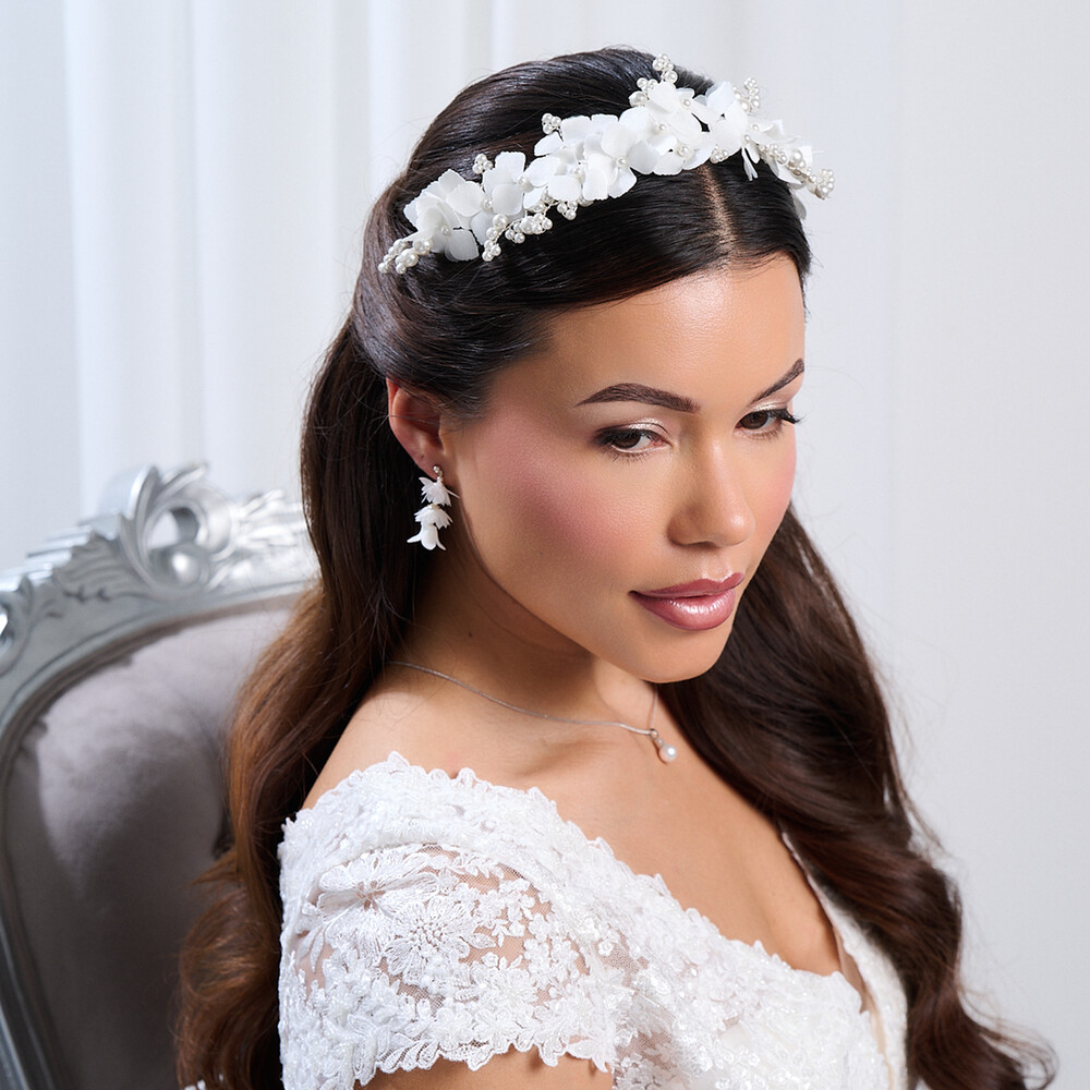 Hydrangea Ivory Fabric Flowers and Pearl Bridal Headband