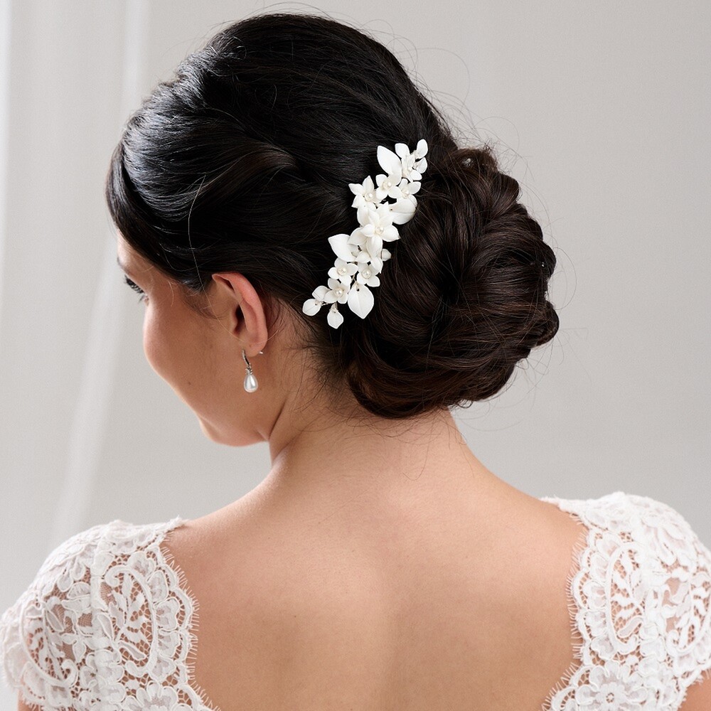 Nieve Ivory Porcelain Flowers and Pearl Wedding Hair Comb