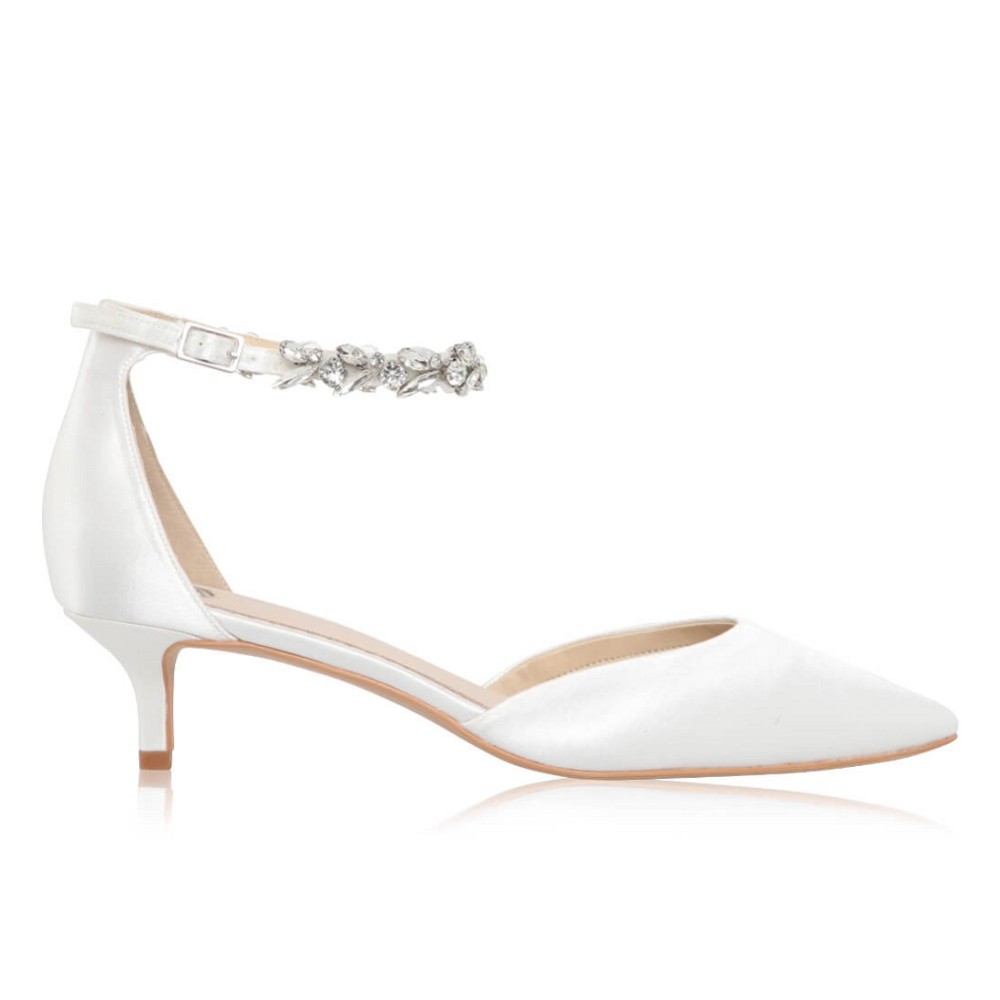 Perfect Bridal Eliza Ivory Satin Embellished Ankle Strap Kitten Heels