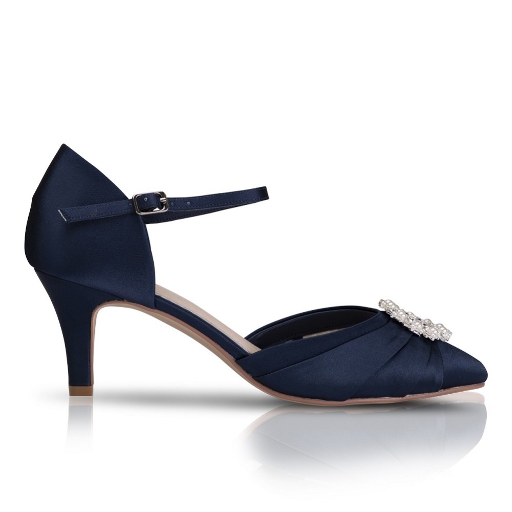 Ladies navy blue satin deals low heel wedding shoes