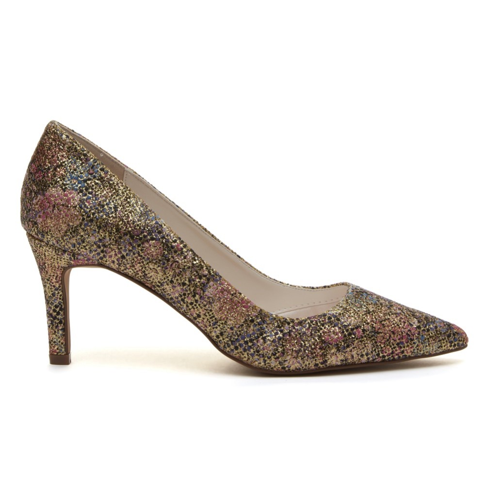 Rainbow Club Morgan Gold Glitter Floral Mid Heel Pointed Court Shoes