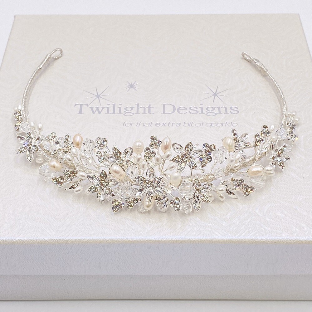Alicia Dainty Floral Pearl and Crystal Bridal Tiara