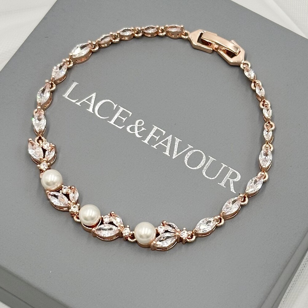 Tamara Rose Gold Cubic Zirconia Pearl Wedding Bracelet