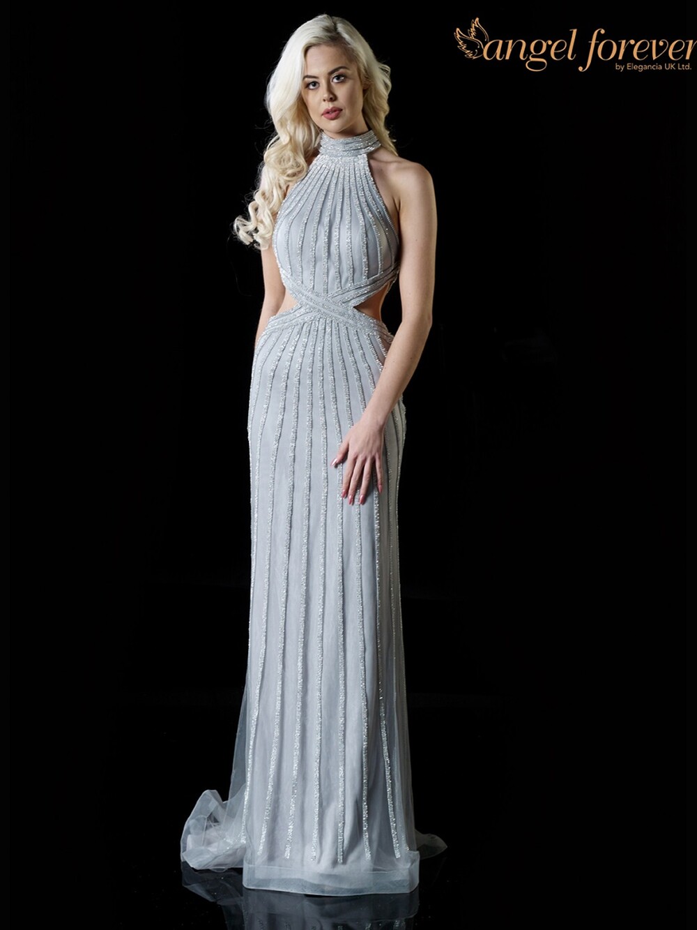 Angel Forever Diamante High Neck Prom Dress with Cut Outs (Silver)