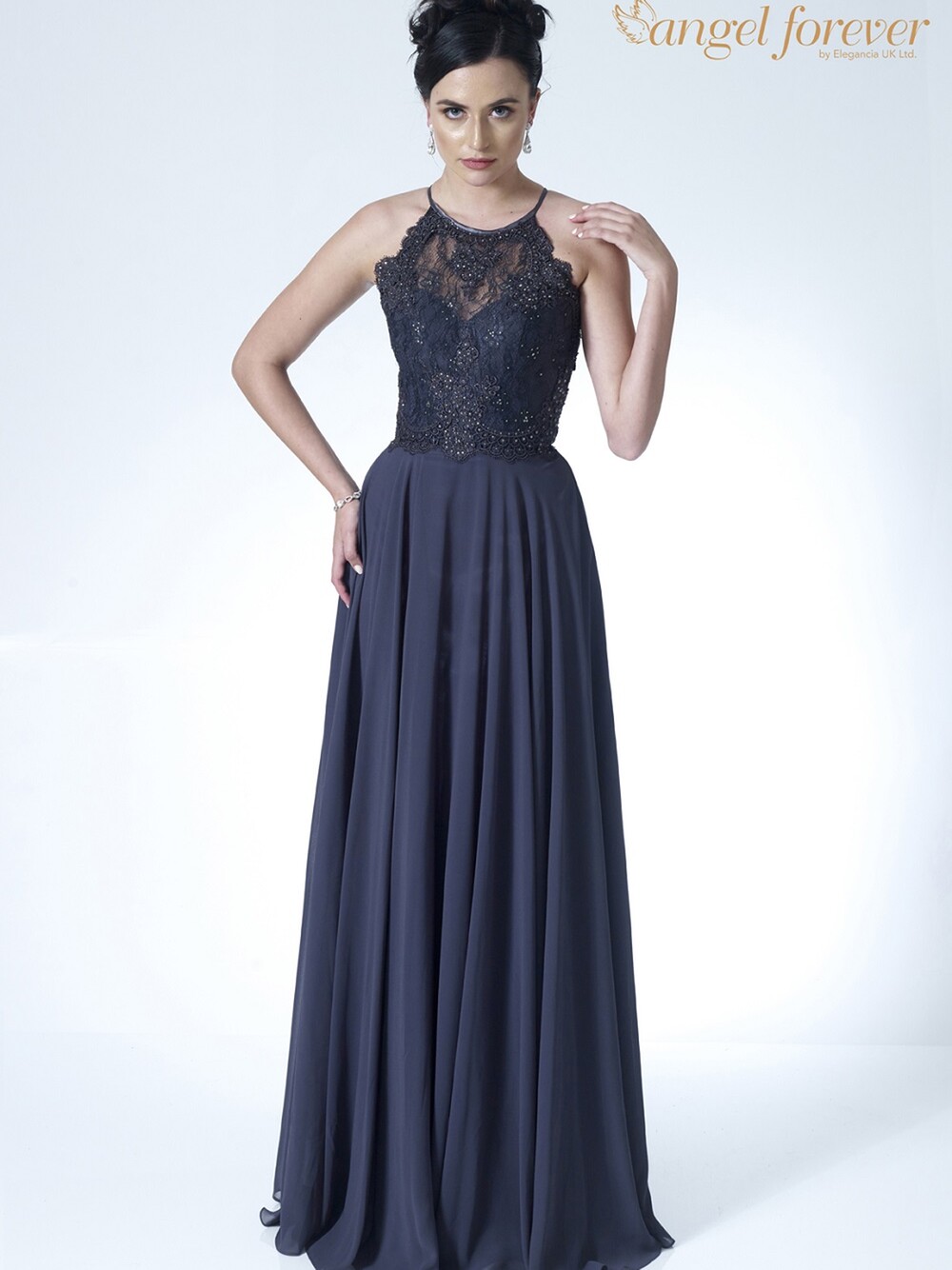 Angel Forever High Neck Lace Bodice A Line Chiffon Prom Dress Charcoal Angel Forever High Neck Lace Bodice A Line Chiffon Prom Dress Charcoal