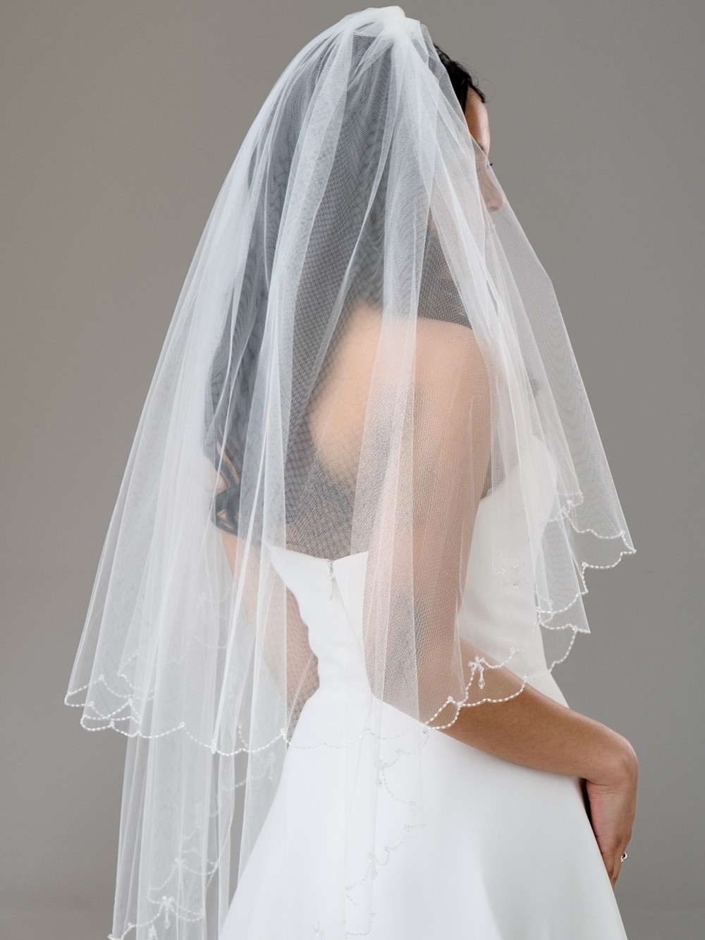 Atlanta Two Tier Beaded Scalloped Edge Veil with Crystal Drops