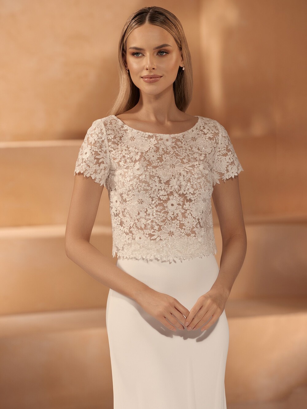 Bianco Ivory Sequin Lace Bridal Top with Open Back E421