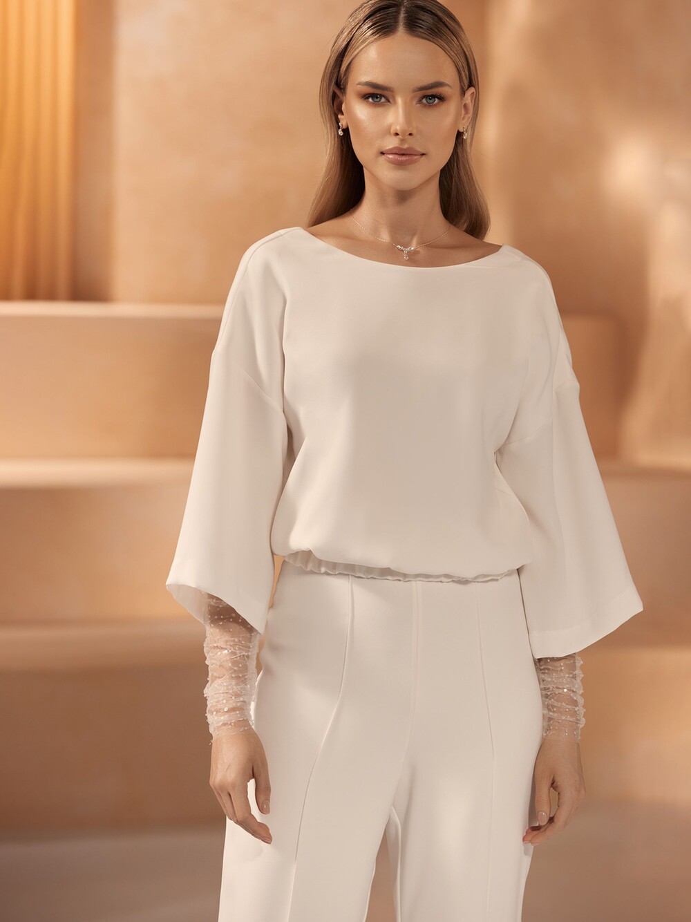 Bianco Ivory Stretch Crepe 3/4 Sleeve Top E417