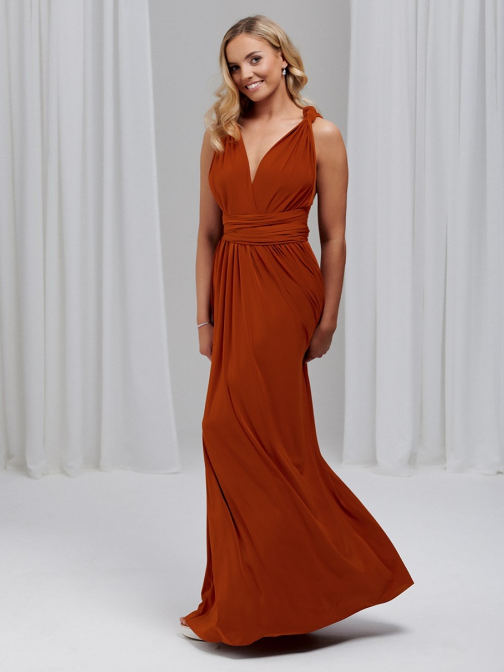 green emerald velvet dress Rust Orange Deep V Neck Pleated Satin Straps Long Bridesmaid Dress with Slit, Orange / 8