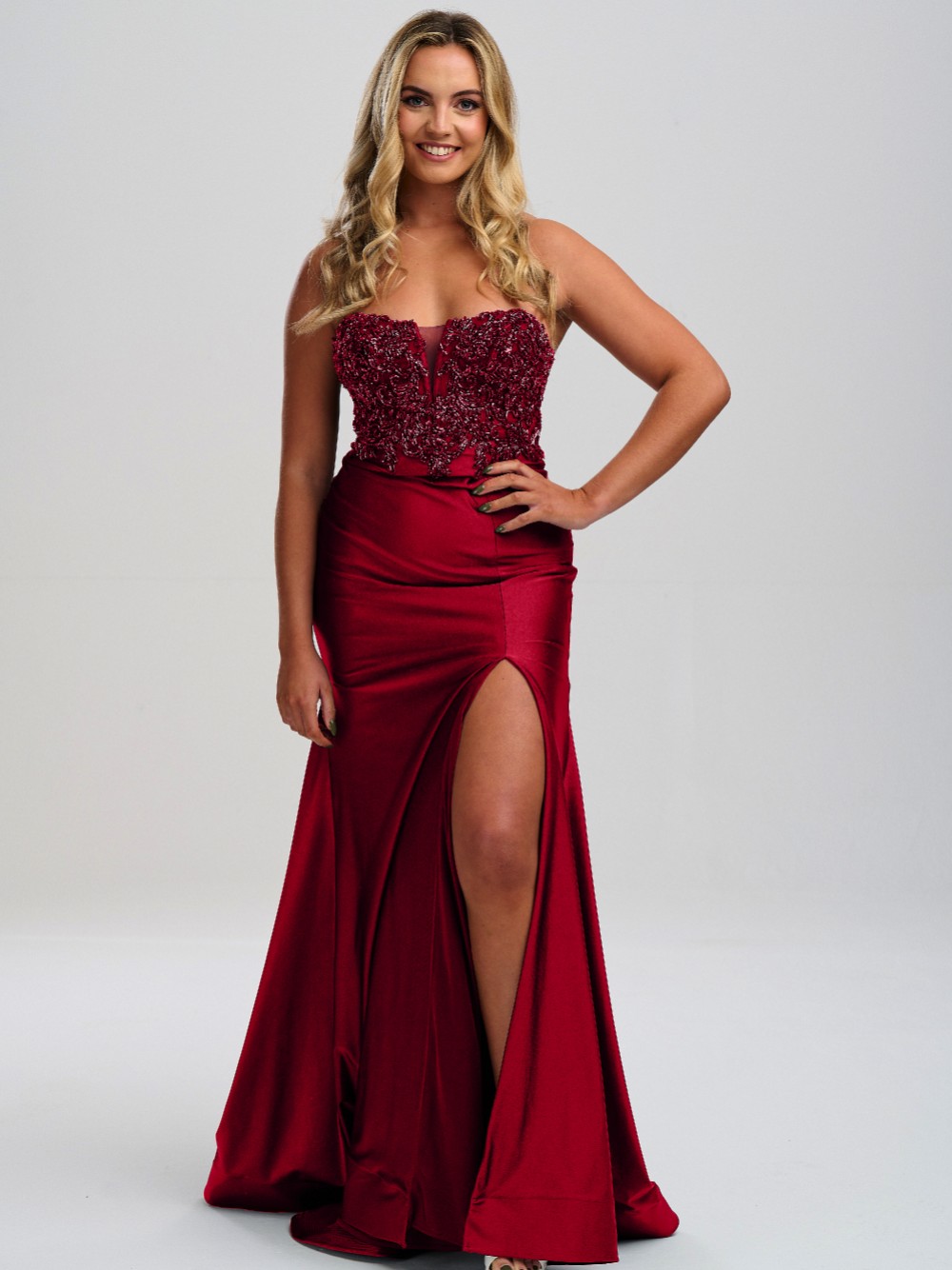 Linzi Jay Burgundy Strapless Beaded Corset Prom Dress with Slit