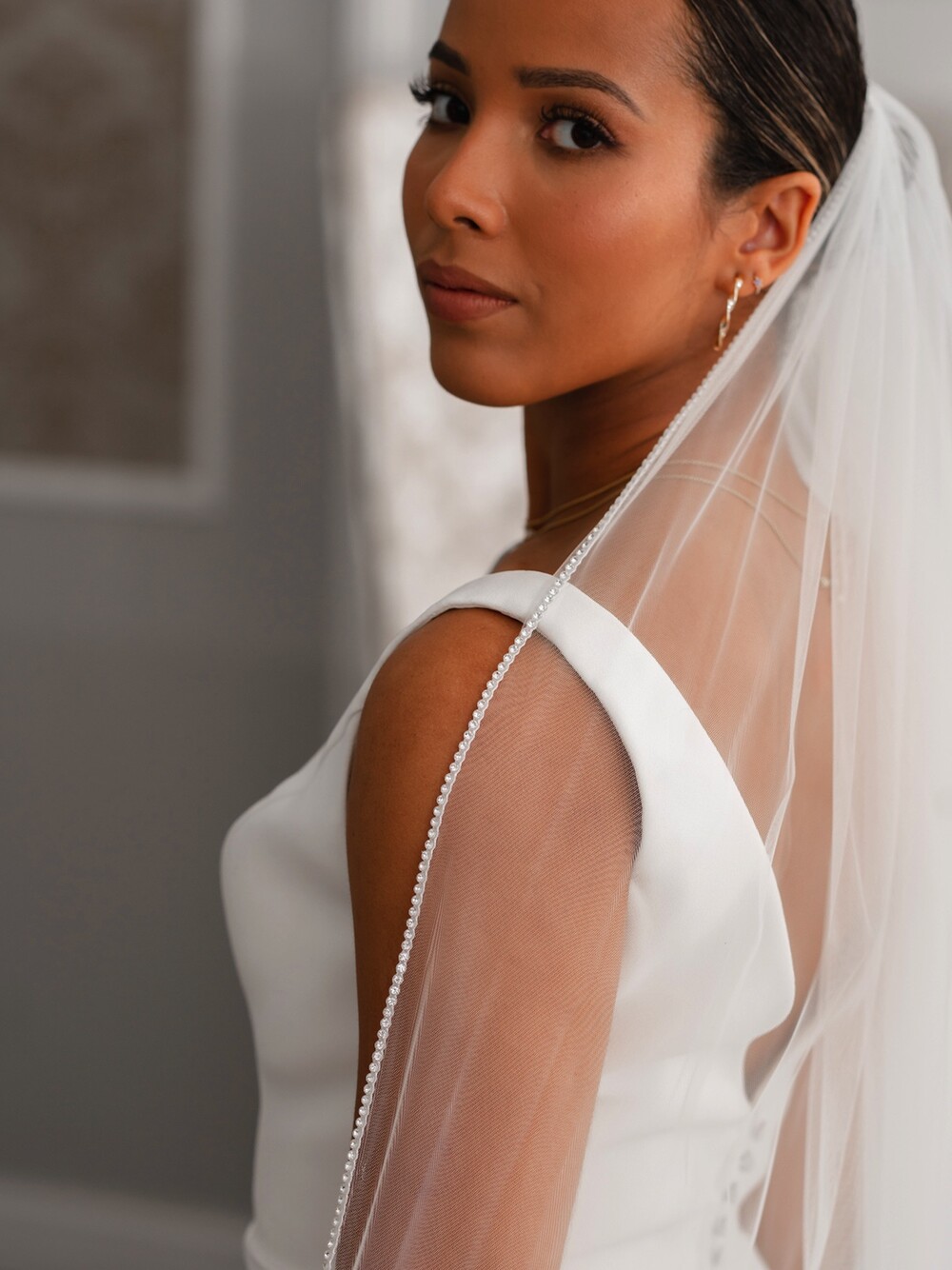 Linzi Jay Ivory Single Tier Diamante Edge Bridal Veil | LA930