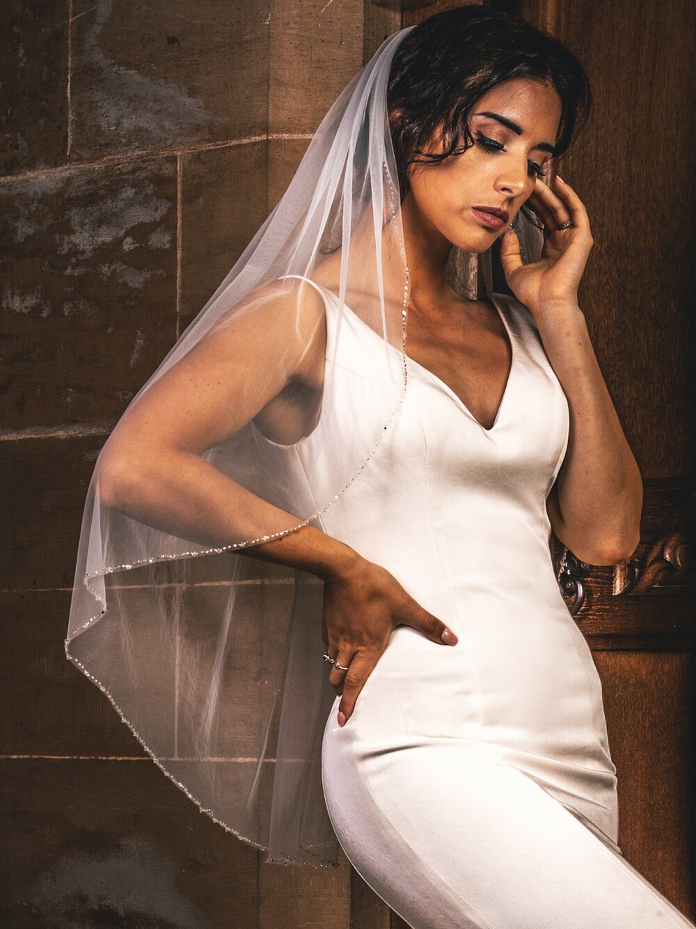 White Bridal Veil with Beaded Edge Cathedral Veil with Beaded Edge | David main image 2