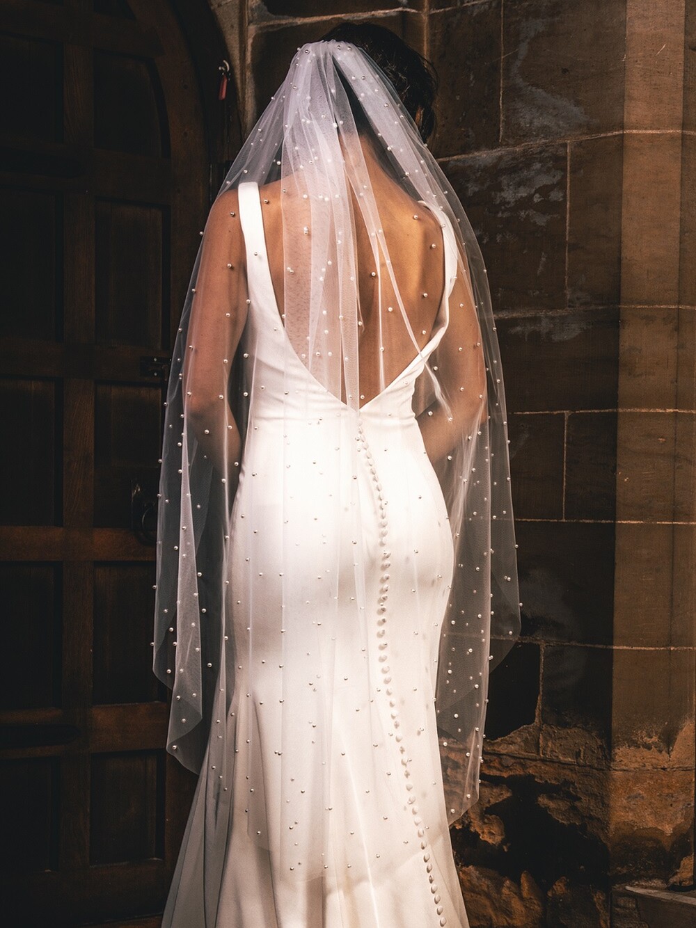 Ivory tulle wedding veil with pearl edge-NWT Elegant Pearls Tulle With Pearled Edge Wedding Veil Vintage  main image 3