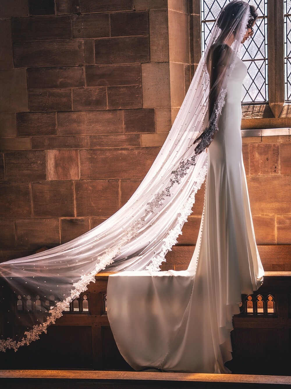 Ivory Single Tier Pearl Cathedral Veil with Floral Lace Edge