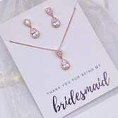 Fotografía: Juego de joyas de cristal en forma de lágrima en oro rosa «Gracias por ser mi dama de honor»