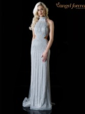 Fotografía: Angel Forever Vestido de fiesta ajustado de cuello alto con aberturas y pedrería (plateado)