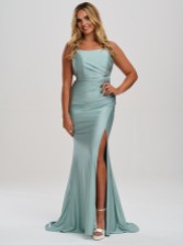 Photograph: Linzi Jay Crossover Back Ruched Stretch Satin Prom Dress with Slit