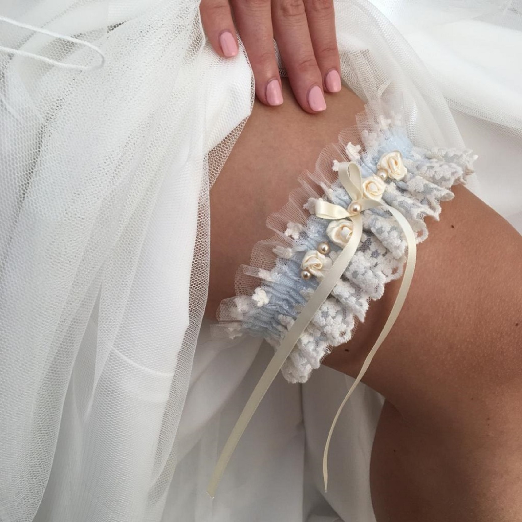 Rhapsody Blue Lace and Ivory Tulle Vintage Garter with Rose Detail