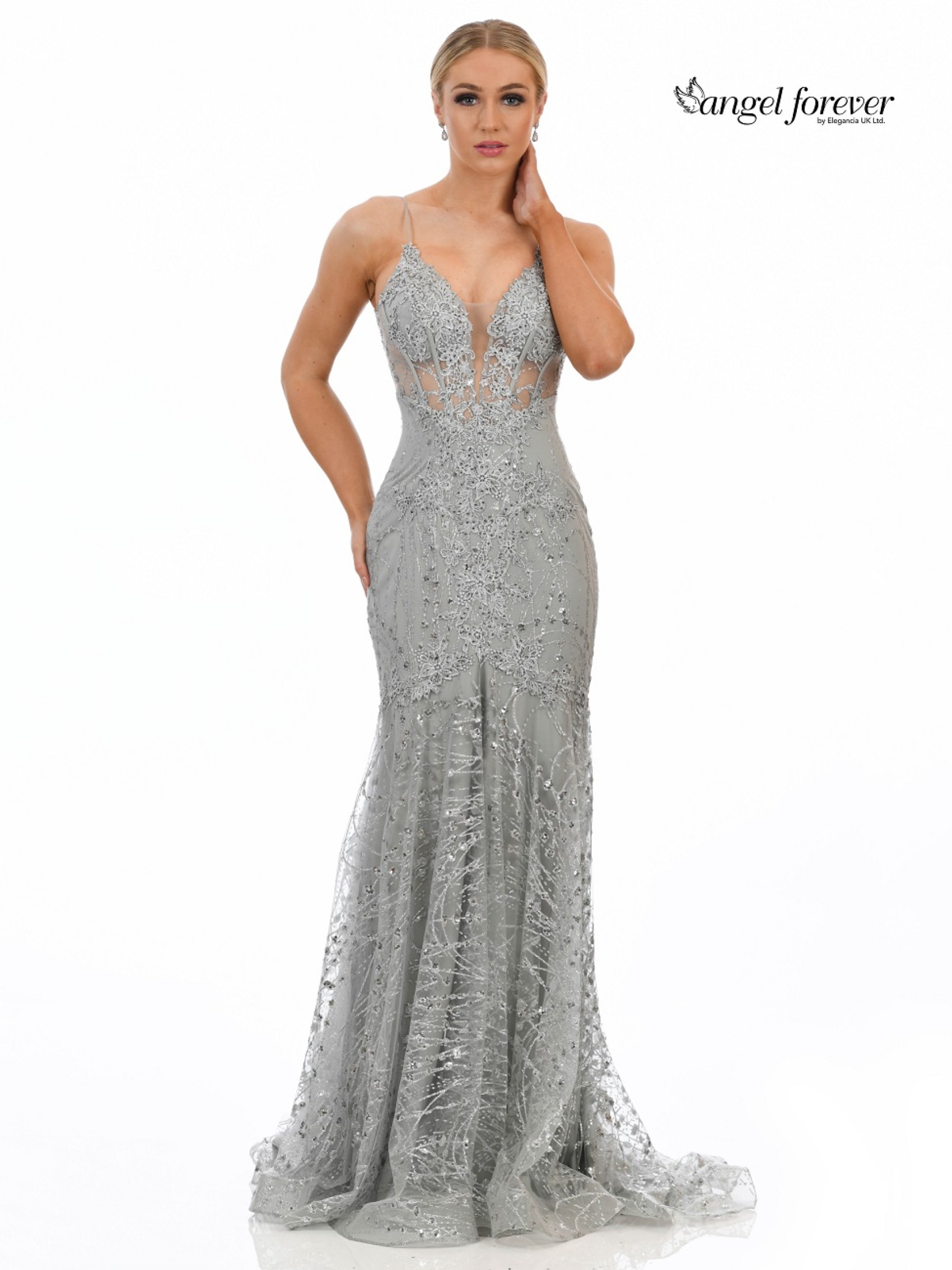 strapless open back dress One-Shoulder Smokey Blue Embroidery Tulle Prom Dress – FancyVestido main image 1