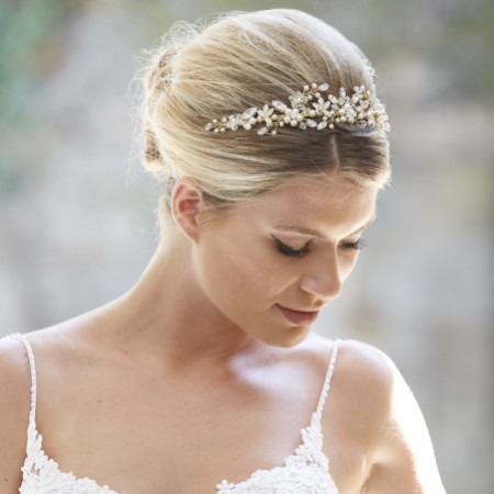 Arianna Evangeline Pearl Blossoms and Crystal Bridal Tiara AR569