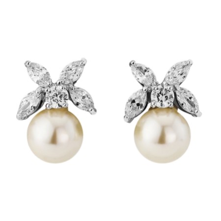 Ava Crystal Leaves and Pearl Wedding Earrings