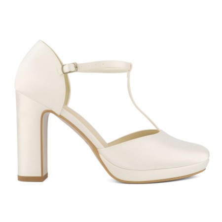 Avalia Coco Ivory Satin High Block Heel T-Bar Shoes