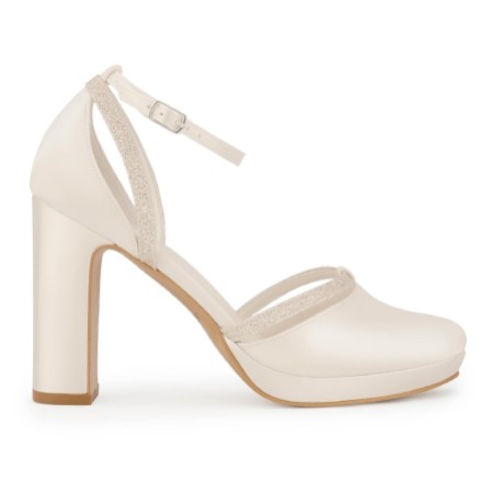 Avalia Mary Ivory Satin and Silver Glitter Block Heel Ankle Strap Shoes