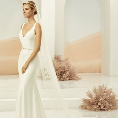 Bianco Ivory Single Tier Cut Edge Cathedral Veil with Lace Train S371