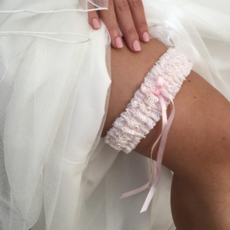 Cupid Pale Pink Lace Wedding Garter with Pearl Detail