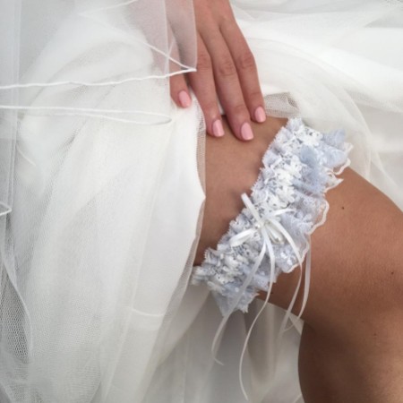 Eternity Powder Blue and Ivory Floral Lace Garter with Pearl Droplet
