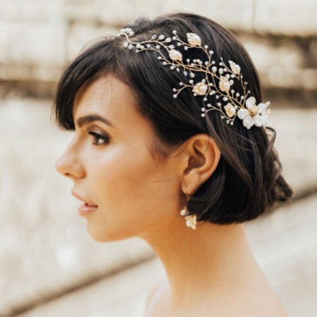 Hermione Harbutt Celeste Garland of Gold Leaves and Pearls Headpiece