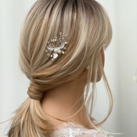 Romance Pearl and Crystal Silver Leaves Hair Pin