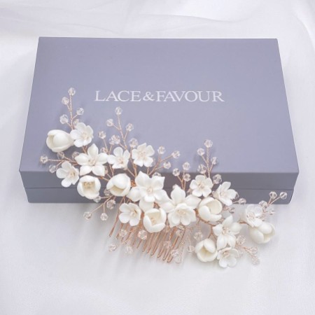 Rosewood Porcelain Flowers and Crystal Hair Comb (Rose Gold)