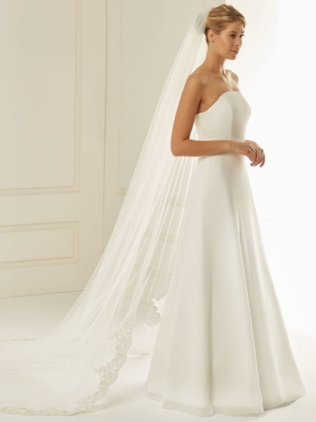 Bianco Single Tier Cut Edge Cathedral Veil with Beaded Lace Train S236