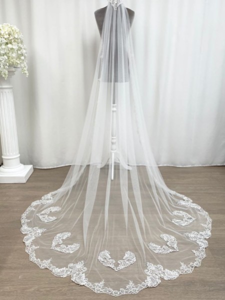 Joyce Jackson Bellagio Long Single Tier Beaded Lace Edge Veil with Heart Motifs