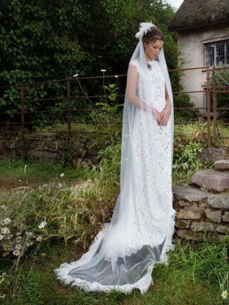 Joyce Jackson Flamenco 1920's Inspired Feather Chapel Length Veil