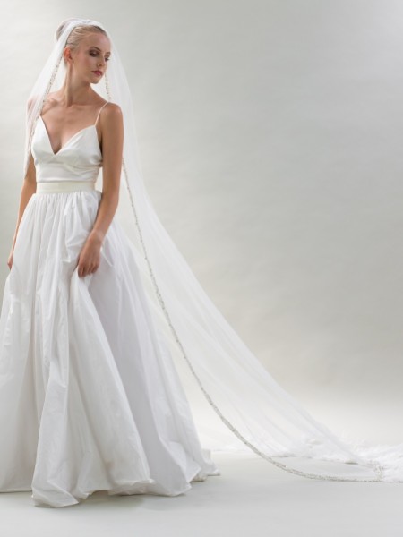 Joyce Jackson Milazzo Embellished Single Tier Veil with Feather Train