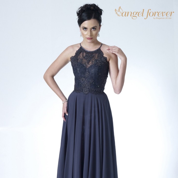 Angel Forever Vestido de baile em chiffon com corte em A e corpete de renda de gola alta (cinza-escuro)