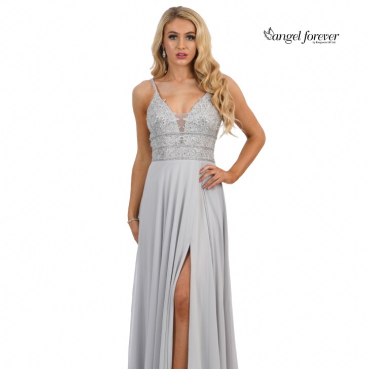 Angel Forever Vestido de baile em chiffon com corte em A, rendado e com fendas (prateado)
