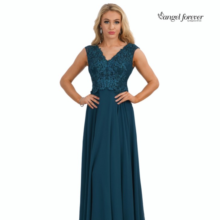 Angel Forever Vestido de baile em chiffon com decote em V e corte em A, com corpete em renda (azul-petróleo)