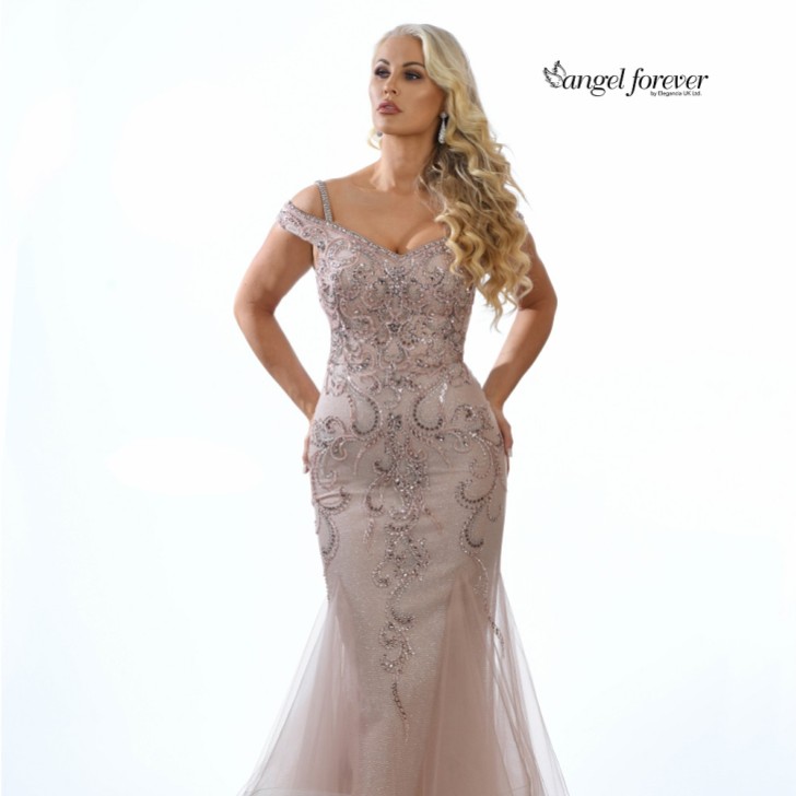 Angel Forever Vestido de baile estilo sereia em tule brilhante com detalhes (ouro-rosa)